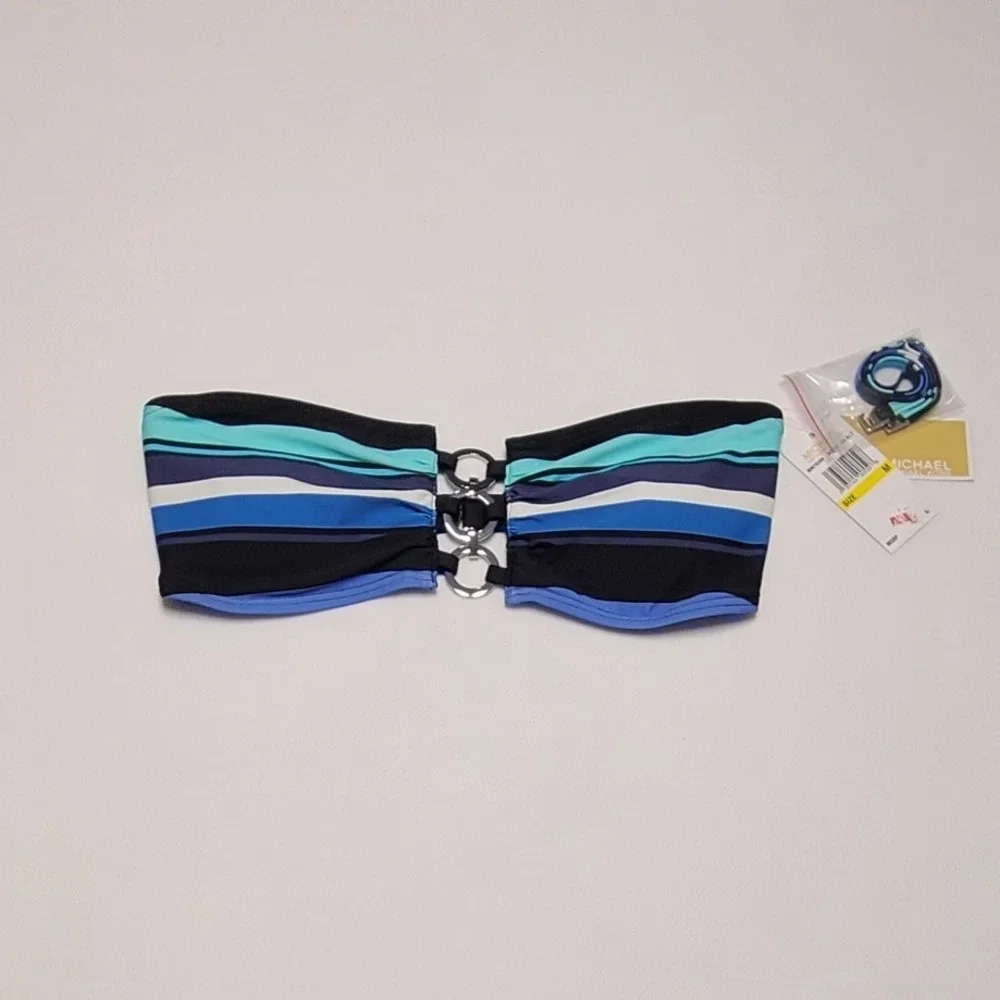 Michael Kors Women's Striped Bandeau Bikini Top Blue Black Ring Detail M/L